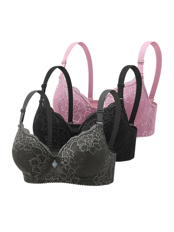 Womens 3 Pack Everyday Bras, Push Up Bras for Women Add 2 Cups Sexy Lace Cleavage Extra Padded Plunge Bra Underwire S-3XL 