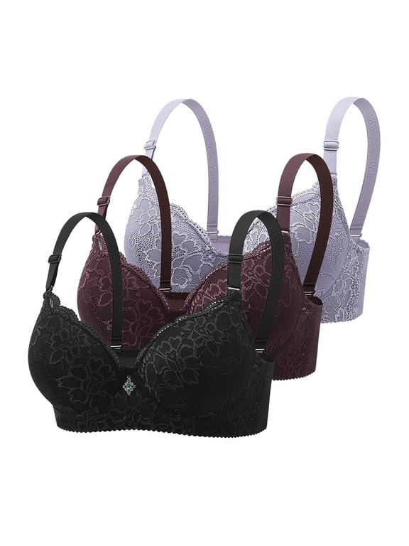 Womens 3 Pack Everyday Bras, Push Up Bras for Women Add 2 Cups Sexy Lace Cleavage Extra Padded Plunge Bra Underwire S-3XL 