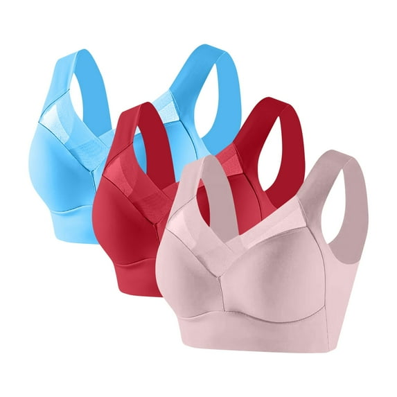 Womens 3 Pack Everyday Bras, Wireless Push Up Bra V Mesh Wide Straps Seamless Comfort Support Lift Full Coverage Plus Size Everyday Bralettes L-6XL
