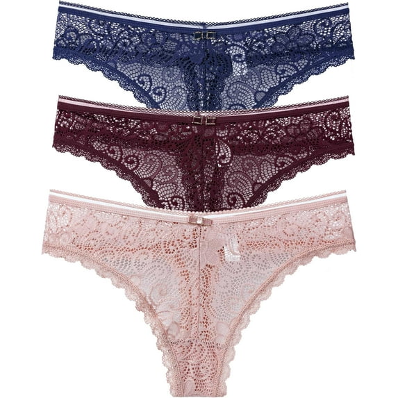 Womens 3 Pack Lace Thong Bikinis Low Rise Panties Underwear S-XL