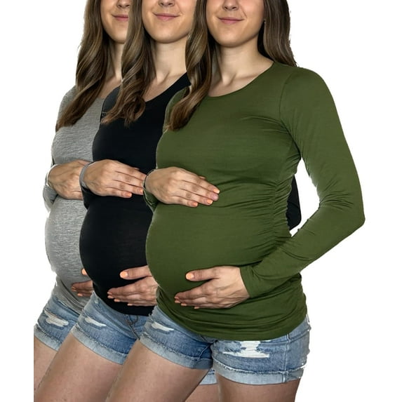 Womens 3 Pack Maternity Long Sleeve Shirts Assorted Styles and Colors Ruched Side Cozy Pregnancy Tops