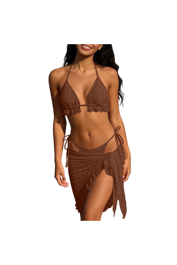 Womens 3 Piece Bikini Sets Sexy Halter Triangle Top String High Cut Thong Tie Side Sarong Cover up Textured Swimsuit