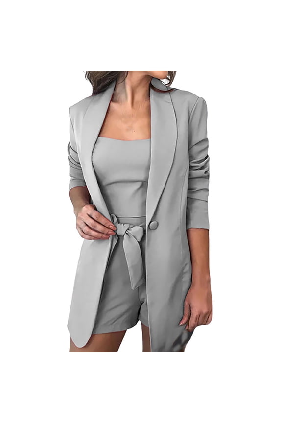 Womens 3 Piece Blazer Suit Casual Solid Open Front Blazer + Sleeveless Cami Crop Top + Shorts with Belted Suits Set Ladies Elegant Business Office Suit Sets Work Business Formal Blazer Pants