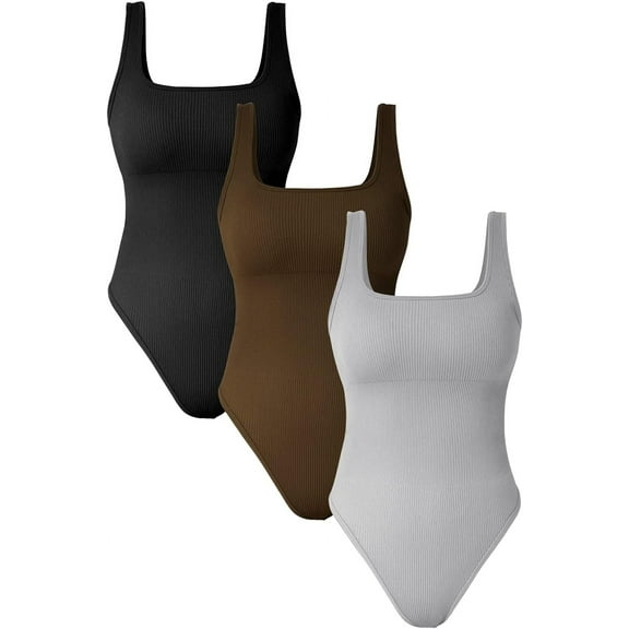 Womens 3 Piece Bodysuits Sexy Ribbed Sleeveless Square Neck Sleeveless Tank Tops Bodysuits Summer Outfits 2023 Trendy