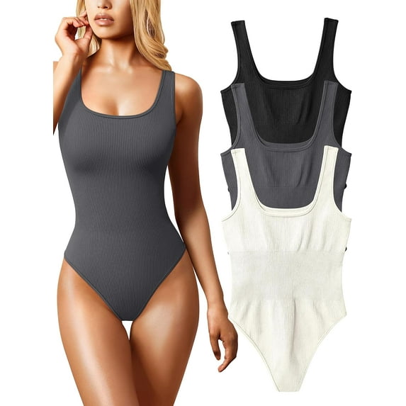 Womens 3 Piece Bodysuits Sexy Ribbed Sleeveless Square Neck Sleeveless Tank Tops Bodysuits Summer Outfits 2023 Trendy