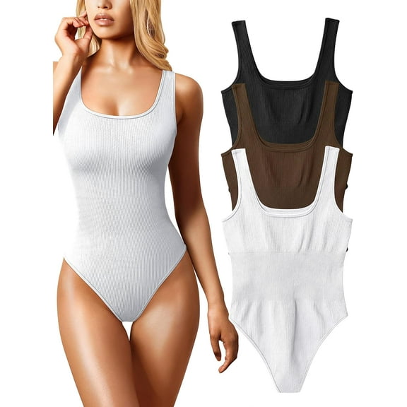 Womens 3 Piece Bodysuits Sexy Ribbed Sleeveless Square Neck Sleeveless Tank Tops Bodysuits Summer Outfits 2023 Trendy