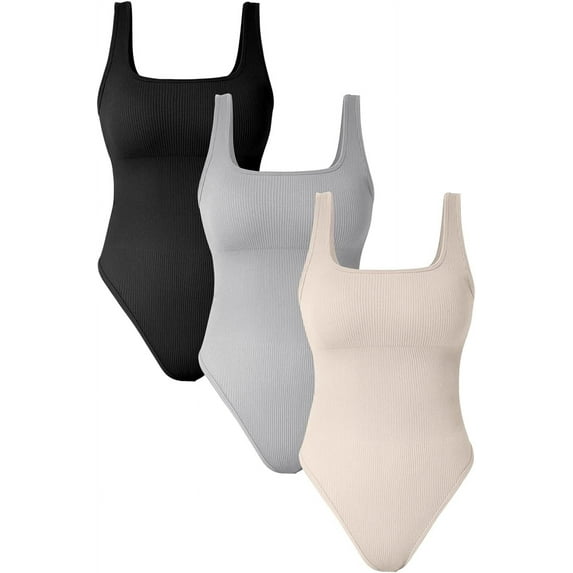 Womens 3 Piece Bodysuits Sexy Ribbed Sleeveless Square Neck Sleeveless Tank Tops Bodysuits Summer Outfits 2023 Trendy