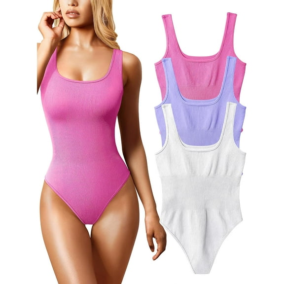 Womens 3 Piece Bodysuits Sexy Ribbed Sleeveless Square Neck Sleeveless Tank Tops Bodysuits Summer Outfits 2023 Trendy