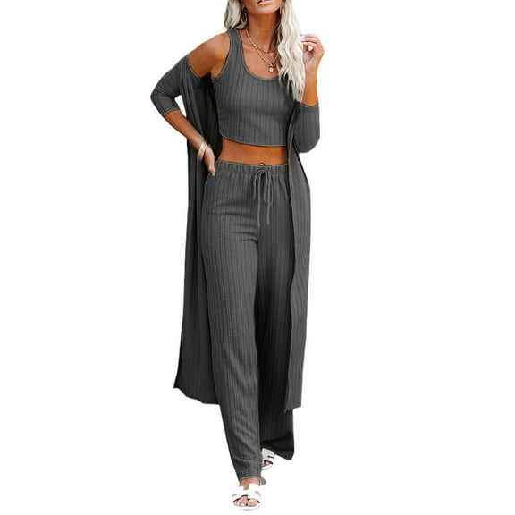 Womens 3 Piece Loungewear Set Crop Vest &Loose Pants & Cardigan Coat