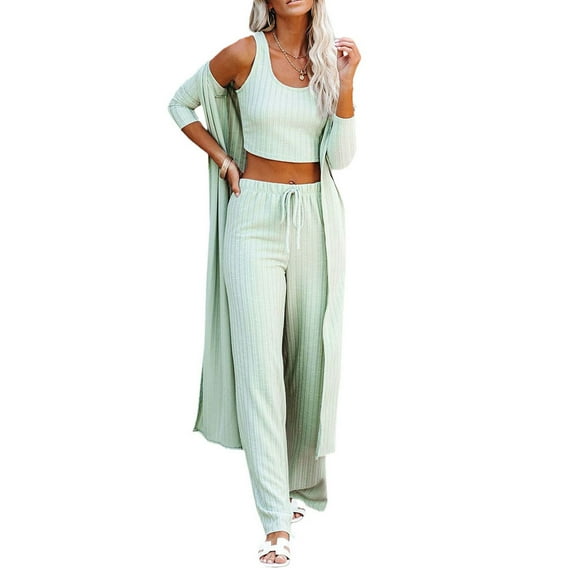 Womens 3 Piece Loungewear Set Crop Vest &Loose Pants & Cardigan Coat