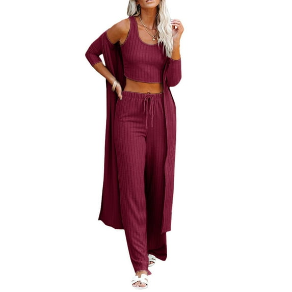 Womens 3 Piece Loungewear Set Crop Vest &Loose Pants & Cardigan Coat
