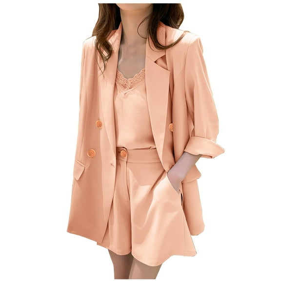 Womens 3 Piece Outfit Set,Women Solid Open Front Blazer + Sleeveless Lace Camisole + Shorts Suits Set Ladies Elegant Business Office Suit Sets Work Business Formal Loose Casual Blazer Pants