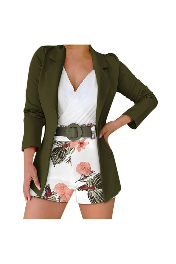 Womens 3 Piece Outfit Suit Casual Solid Open Front Blazer and Floral Printed Shorts with Belted Suits Set Notch Lapel Ladies Elegant Business Office Suit Sets Work Blazer Pants