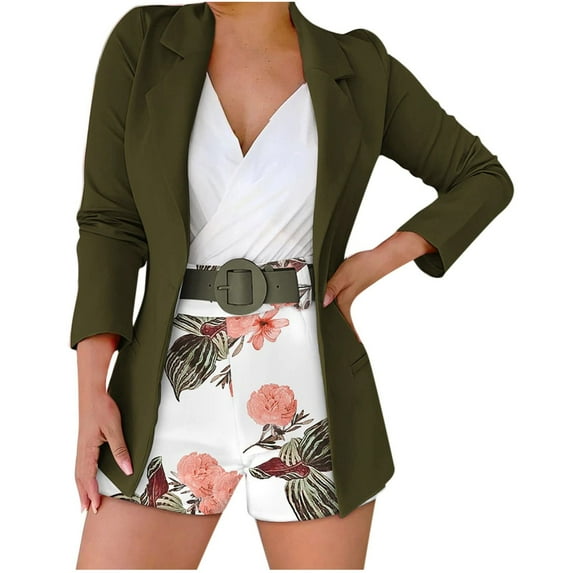 Womens 3 Piece Outfit Suit Casual Solid Open Front Blazer and Floral Printed Shorts with Belted Suits Set Notch Lapel Ladies Elegant Business Office Suit Sets Work Blazer Pants