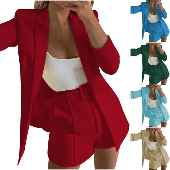 Womens 3 Piece Outfit Suit Casual Solid Open Front Blazer and Shorts with Belted Suits Set Notch Lapel Ladies Elegant Business Office Suit Sets Work Blazer Pants