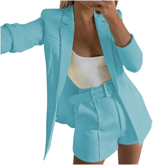 Womens 3 Piece Outfit Suit Casual Solid Open Front Blazer and Shorts with Belted Suits Set Notch Lapel Ladies Elegant Business Office Suit Sets Work Blazer Pants