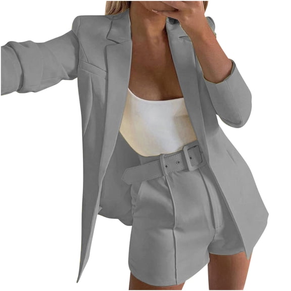Womens 3 Piece Outfit Suit Casual Solid Open Front Blazer and Shorts with Belted Suits Set Notch Lapel Ladies Elegant Business Office Suit Sets Work Blazer Pants