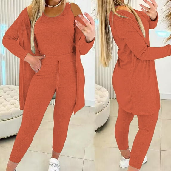 Womens 3 Piece Outfits Clearance 3Pc Solid Color Tank Top Long Sleeve Coat Elastic Waist Long Pants Sets