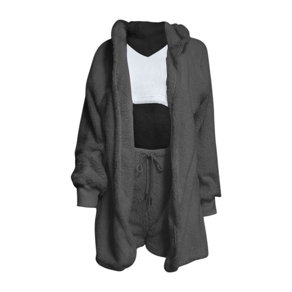 Womens 3 Piece Pajama Hooded Sets Fuzzy Fleece Warm Soft Cardigan Top Shorts Set Comfy Pajamas Loungewear