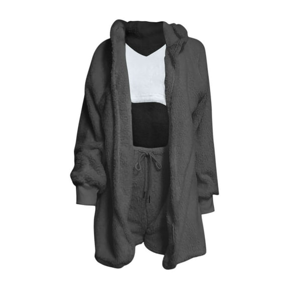 Womens 3 Piece Pajama Hooded Sets Fuzzy Fleece Warm Soft Cardigan Top Shorts Set Comfy Pajamas Loungewear
