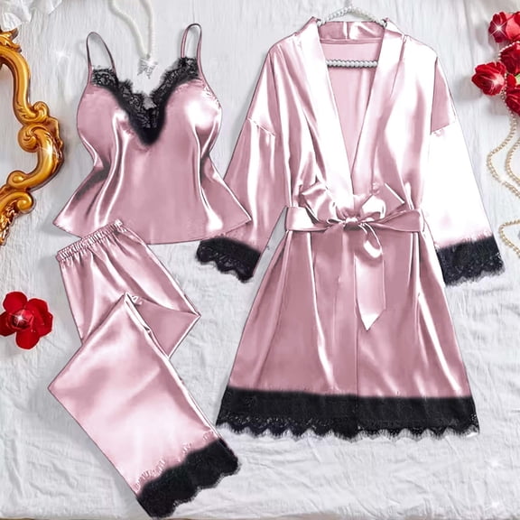 Womens 3 Piece Pajama Sets Plus Size Satin Sleepwear Lace Trim Sexy Loungewear Nightgowns Comfy for Women Casual Matching Pj Set