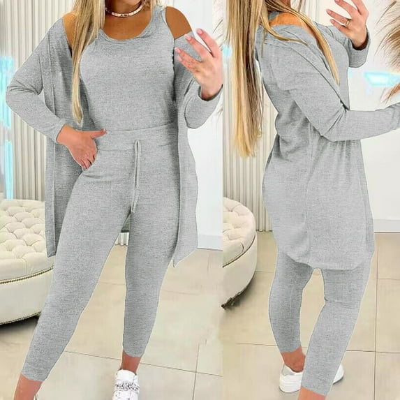 Womens 3 Piece Sets Holiday Usmixi Womens Homewear Sets Long Sleeve Cardigan and Tank Top and Drawstring Pant Lounge Sets Casual Solid Sleepwear Sets Pajamas Sets Up to 65% off