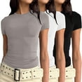 thumbnail image 1 of Womens 3 Piece Short Sleeve Shirts Basic Going Out Tops Slim Fit Crop Tops, 1 of 8