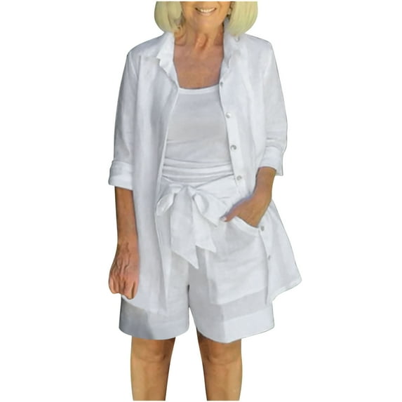Womens 3 Piece Shorts Sets, Linen Full Sleeve Long Button Down Shirt Cami Top and Tie Waist Shorts Outfits for Women (5XL, White)
