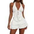 thumbnail image 1 of Womens 3 Piece Swim Suit, Textured Strap Backless Top Ruffled Skirt Bikini Bottom, Summer Travel Swimwear White S, 1 of 8