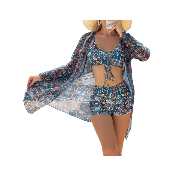 Womens 3 Pieces Bikini Set Swimsuit Tropical Beach Cover Up Swimwear Bathing Suit with Boy Shorts Dark Blue ZB3393 XL