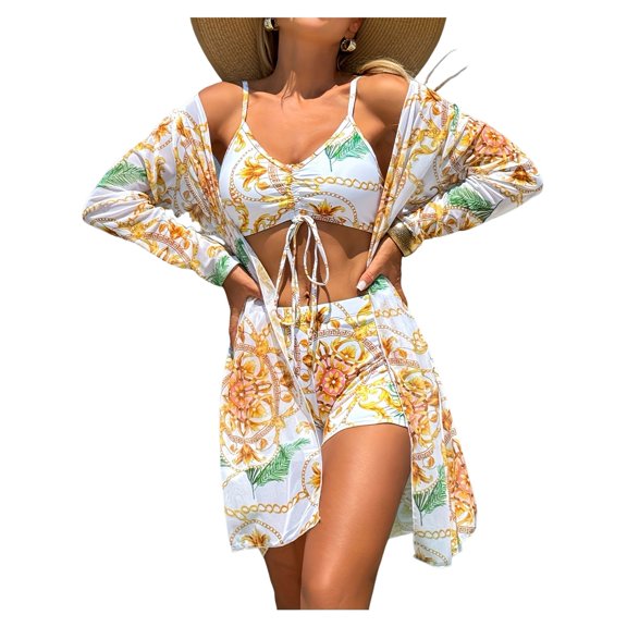 Womens 3 Pieces Bikini Set Swimsuit Tropical Beach Cover Up Swimwear Bathing Suit with Boy Shorts Golden ZB3260 XL