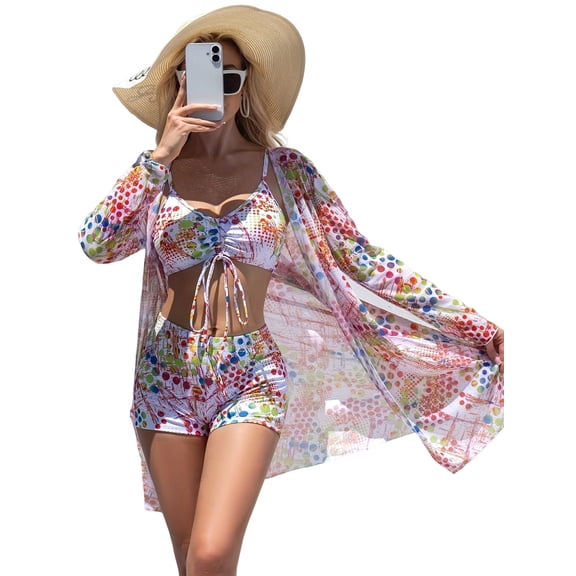 Womens 3 Pieces Bikini Set Swimsuit Tropical Beach Cover Up Swimwear Bathing Suit with Boy Shorts White ZB3380 XL