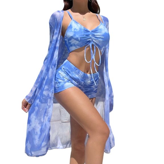 Womens 3 Pieces Bikini Set Swimsuit Tropical Beach Cover Up Swimwear Bathing Suit with Shorts Pattern 11 XL