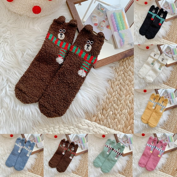 Womens 3D Bear Face Fuzzy Socks Soft Cosy Slipper Warm Winter Thick Plush Crews Sock Home Sleeping Sock Hosiery Home Sleeping Yellow
