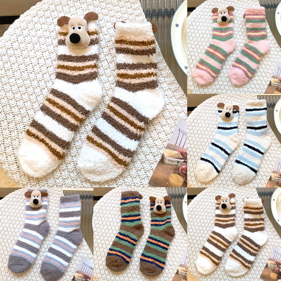 Womens 3D Dog Face Fuzzy Socks with Striped Coral Fleece And Non-Slip Soles Winter Warm Fluffy Soft Slipper Home Sleeping Cute Animal Socks Gray