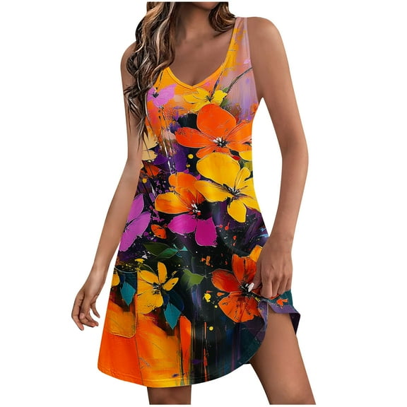 Womens 3D Floral Pattern Dress for Summer Casual Baggy Sleeveless Tank Dresses Outing Holiday Beach Sundress 2025