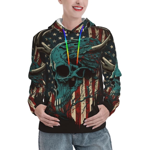 Womens 3D Print Sweatshirts Hooded Top Pullover Hoodie, American Flag Deer Skull Camo Camouflage