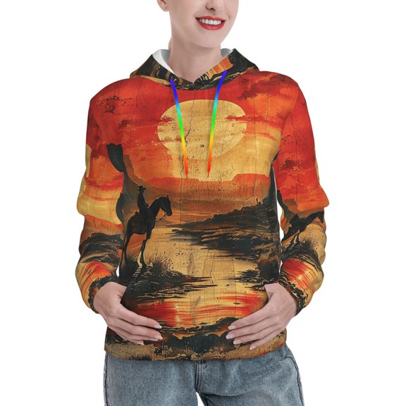 Womens 3D Print Sweatshirts Hooded Top Pullover Hoodie, Cowboy Horse Vintage Sunset Art