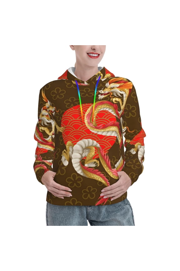 Womens 3D Pullover Hooded Sweatshirt With Pocket, Asian Dragon Oriental Dragons