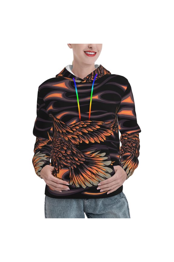 Womens 3D Pullover Hooded Sweatshirt With Pocket, Flaming Eagle Fire
