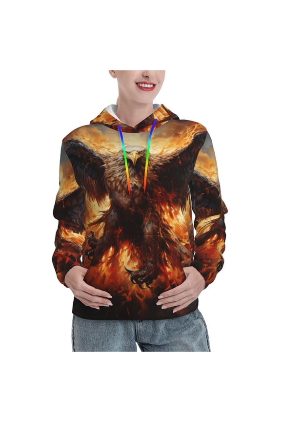 Womens 3D Pullover Hooded Sweatshirt With Pocket, Flaming Fire Eagle Art