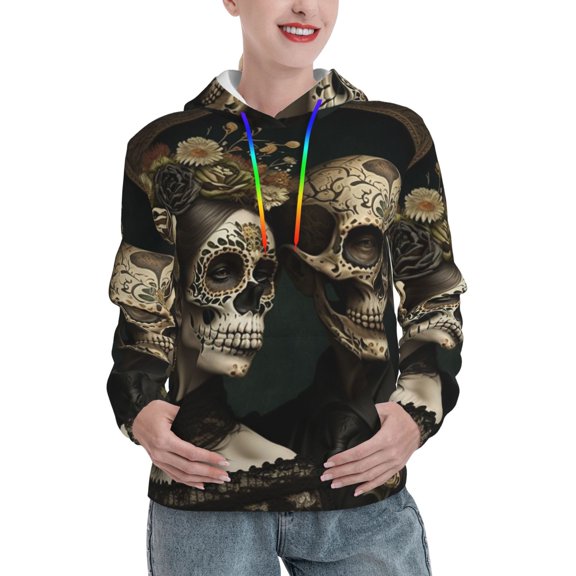 Womens 3D Pullover Hooded Sweatshirt With Pocket, Skulls Lovers Day Of The Dead