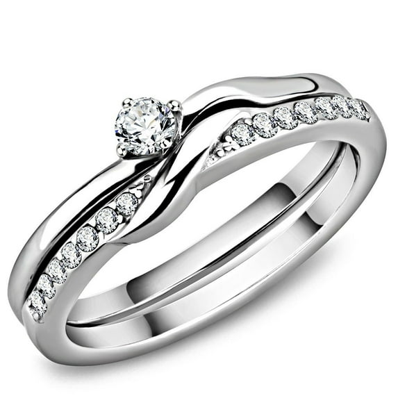 Womens 3x3mm Round CZ Center Simple Style Stainless Steel Wedding 2 Rings Set - Size 6