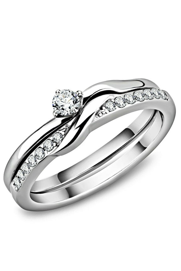 Womens 3x3mm Round CZ Center Simple Style Stainless Steel Wedding 2 Rings Set - Size 6