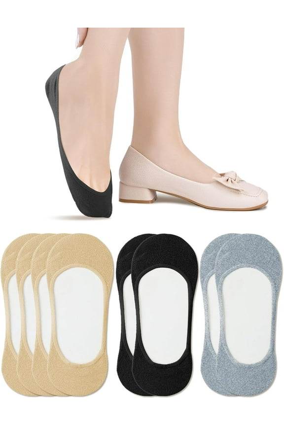 Womens 4-6 Pairs No Show Low Cut Non Slip Cotton Socks, Footies Liners Flats Boat Sock Loafer Half Heel Invisible