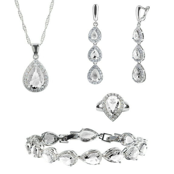 Womens 4 Pc Water Drop Jewelry Set, 925 Sterling Silver, Crystal CZ, Ring 6