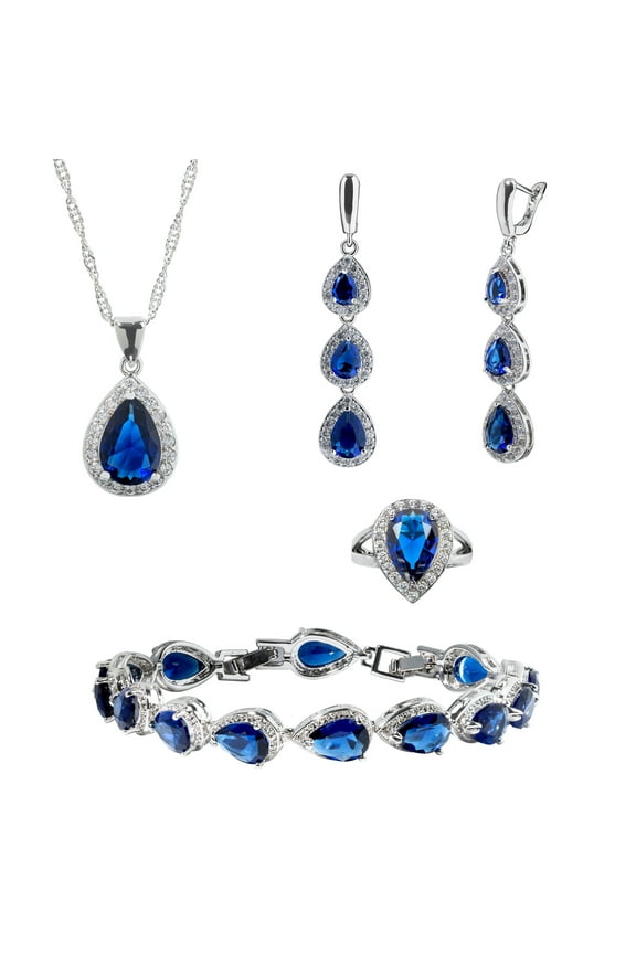 Womens 4 Pc Water Drop Jewelry Set, 925 Sterling Silver, Sapphire CZ, Ring 6