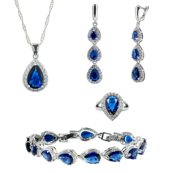 Womens 4 Pc Water Drop Jewelry Set, 925 Sterling Silver, Sapphire CZ, Ring 6