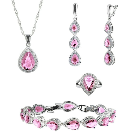 Womens 4 Pc Water Drop Jewelry Set, 925 Sterling Silver, Tourmaline Pink CZ, Ring 6