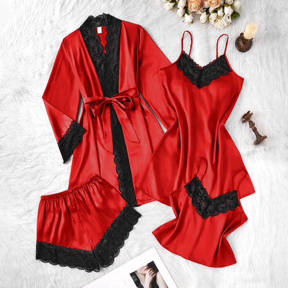 Womens 4 Piece Pajama Sets Plus Size Satin Sleepwear Lace Trim Sexy Loungewear Nightgowns Comfy for Women Casual Matching Pj Set